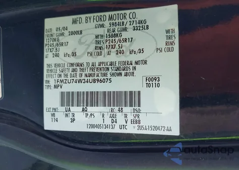 2004 Ford Explorer Eddie Bauer from USA, damaged, VIN 1FMZU74W34UB96075